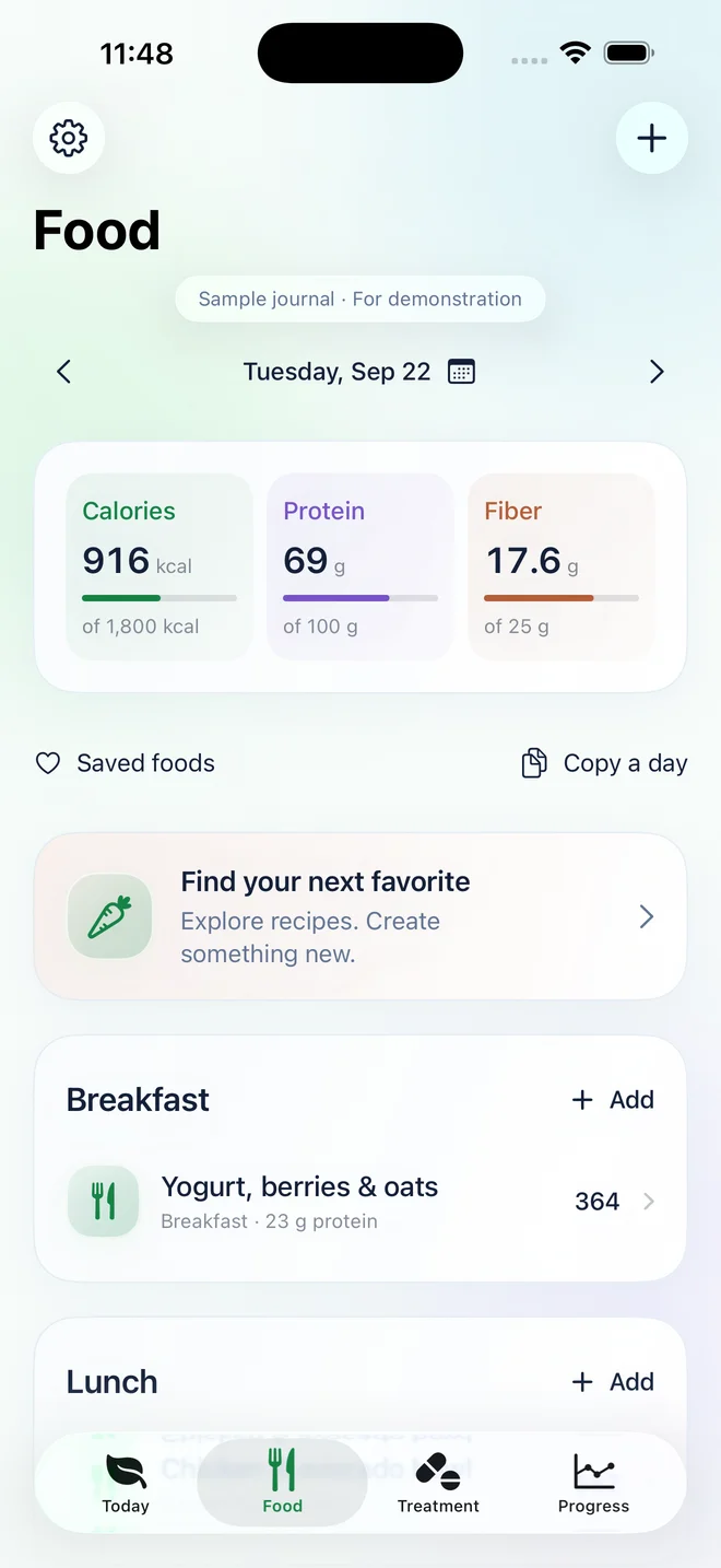 Nourish Food diary showing meals and their recorded nutrition. Fictional demonstration records.